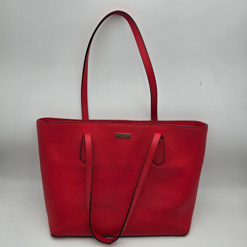 Kate Spade New York Red Saffiano Leather Zip Top Tote Shoulder Bag Gold Hardware